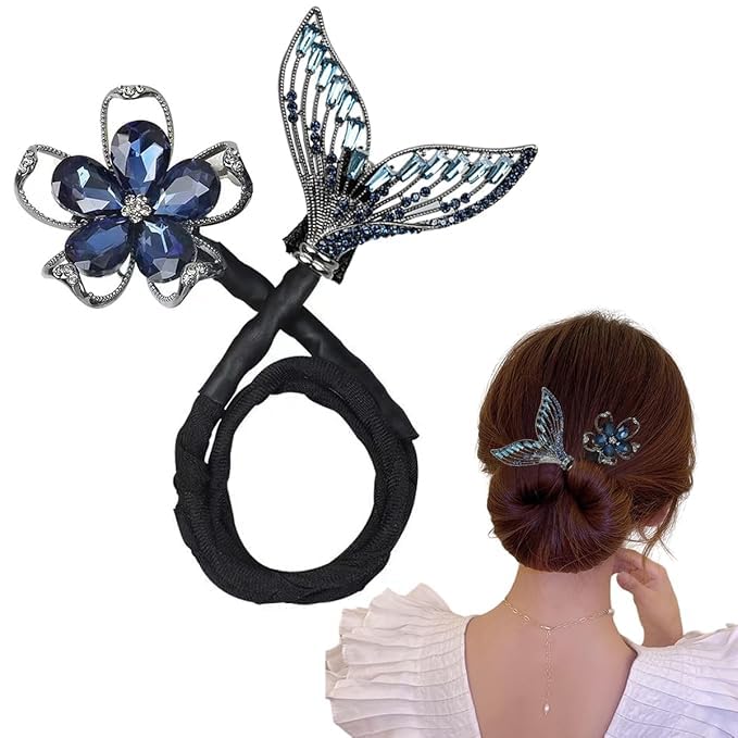 Rhinestone 1 Pc. Floral Mermaid Tail Hair Bun Maker, Blue Crystal Hair Accessories for Wedding and Party, All Hair Types