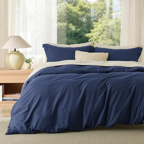 Image of Bedsure Duvet Cover Queen Size, 3Pcs Double Brushed Bedding Set, Navy Blue | For Kids & Adults, 90 inchx90 inch Comforter Cover, Hotel Luxury, All Season, Breathable, Easy Care, Lightweight, Zipper Closure