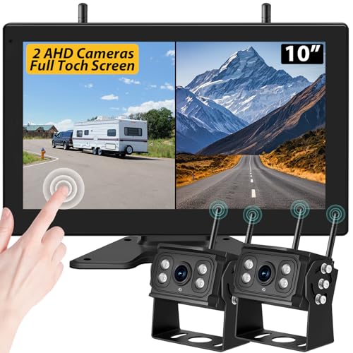 10' Wireless Backup Camera System for RV/Truck/Trailer, 4-Channel IPS Touch Screen Monitor, Dual HD 1080P IP69K Waterproof Cameras, IR Night Vision, Easy Installation for Camper & Trailer