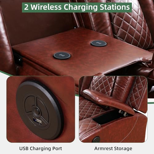 Image of Power Reclining Sectional Sofa Set with Recliner Chair, Brown Breathable Faux Leather L-Shaped Couch with LED Lights, USB Charging, Wireless Charging, Storage Console and Cup Holders