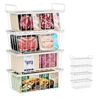 Chest Freezer Baskets 4 Pack, Stackable Freezer Storage Baskets for 198L Chest Freezer, Freezer Organiser with Handles Easily Sort and Get Frozen Foods, Allow Air Circulation, White