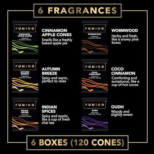 Incense Cones Fumino Fresh Multipack Fireside & Frost Bundle 6 Boxes 120 Pieces Masala Agarbatti Joss Fragrance for Relaxation and Meditation, Home and House Decor Scent