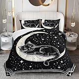 OUIXOTIC Black Cat Moon Comforter Set for Kids Toddlers, Cute Cats Bedding Queen Size, 3Pcs Star Moon Quilte Duvet Room Decorative, 1 Comforter with 2 Pillowcases