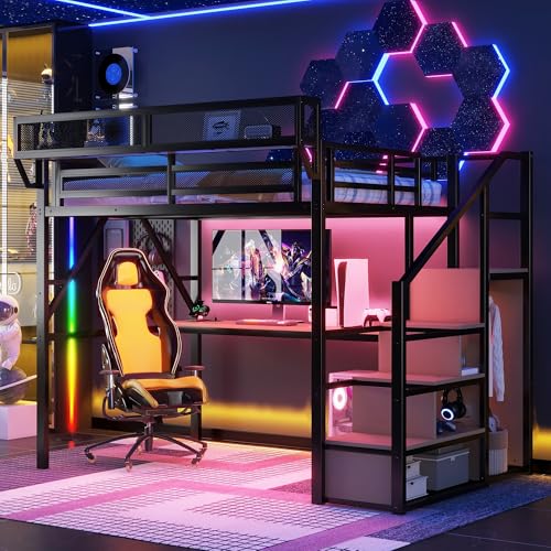 Mirightone Full Size Loft Bed with Stairs & Desk, Metal Loft Bed Frame with LED and Charging Station, High Loft Beds Gaming Lofted Full Bed with Storage Shelf for Kids and Teens (Black+Natural)