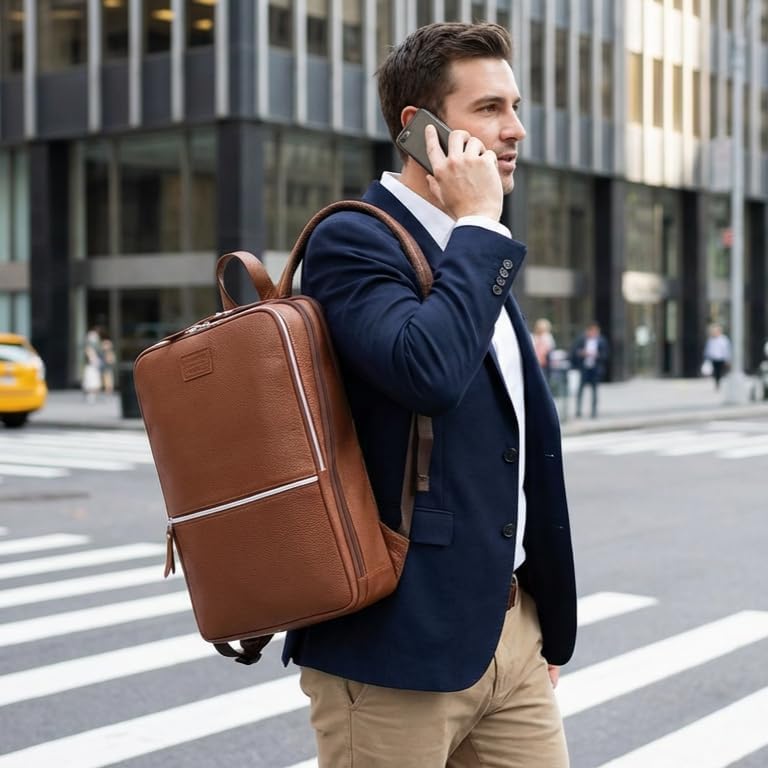 LEATHER VILLAGE Leather Laptop Backpack for Men | Cognac Brown | Slim Professional Business Bag Fits 15.6”-Laptop | Water-Repellent Work & Travel Daypack with Trolley Strap - Image 2