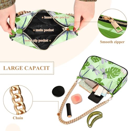 Dragonflies Green Leaves Floral Designer Handbags Womens Ladies Shoulder Bag Zipper Casual Hobo Purse with Chain Strap4