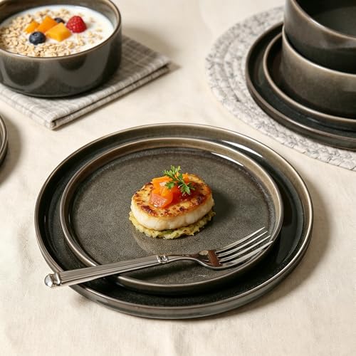 Image of Dinnerware Sets for 4, ceramics Plates and Bowls Set, 12-Piece Modern Stoneware Dinnerware - Chip Resistant, Non-Toxic, Dishwasher and Microwave Safe Tableware, Black