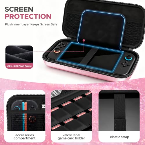 Image of homicozy Carrying Case for Nintendo Switch 2 (2025),Glitter Hard Shell Protective Travel Case with 10 Game Cartridges Storage & Accessories Holders,Portable Shockproof Pouch for Console,Pink