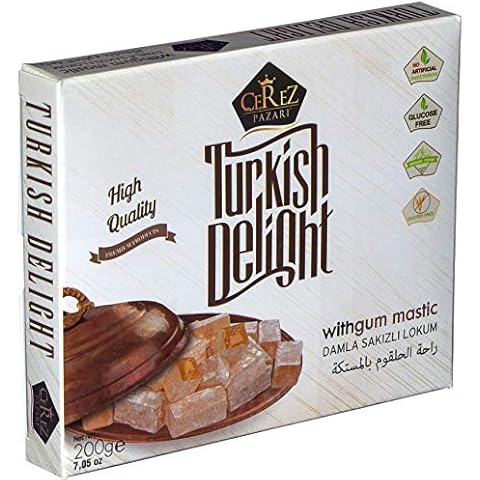 Cerez Pazari Turkish Delight with Fantastic Gum Mastic, No Nuts, Premium Lokum, Candy Dessert Gourmet Box Glucose & Gluten Free, Approx.18 Pcs - 200g Cover