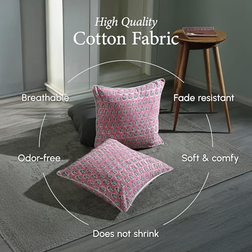 CPC 100% Cotton Throw Pillow Covers 18x18 Inch, Set of 2 Green Block Print Pattern Couch Pillow, Cute Boho Decorative Pillows for Living Room, Bedroom with Hidden Zipper- Poppy Pink