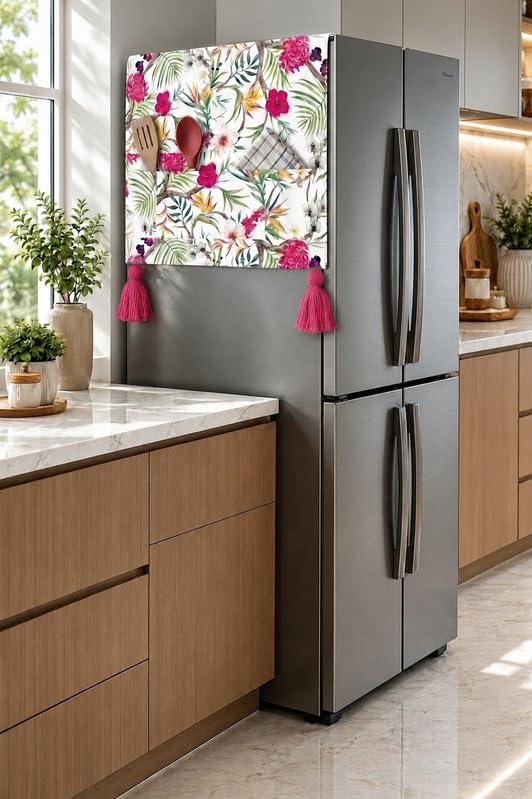 Image of Four Door Fridge Top Cover 400+L | 450 GSM Durable Refrigerator Cover with Corner Tassels & Pockets | Fits Godrej, LG, Haier, Samsung Models | Dustproof Floral Printed Cover Mat| WWW.THROWPILLOW.IN