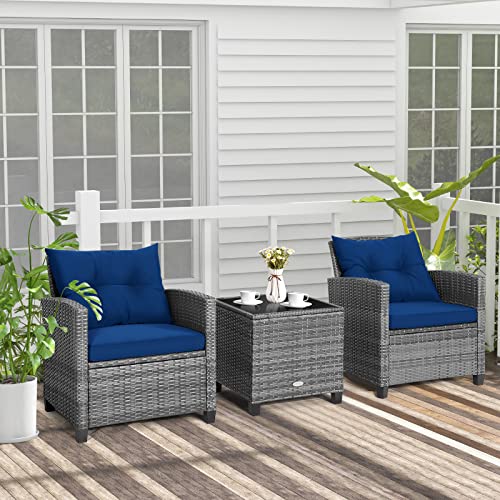 Image of Tangkula 3 Pieces Patio Furniture Set, Outdoor PE Rattan Conversation Chair Set with Tempered Glass Side Table and Removable Cushions, PE Wicker Chairs and Table Set for Porch, Balcony and Garden