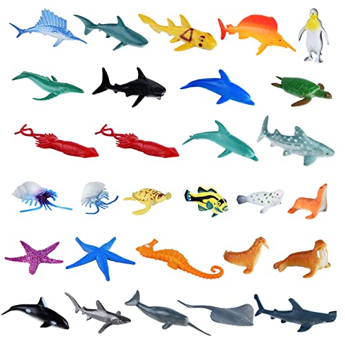 PLULON 32Pcs Meerestierfiguren Spielzeug, Meeresbewohner Tierspielzeug Kinder Spielfiguren Kunststoff Tiere Kuchendeckel für Kinder Party Favor Supplies, Geburtstagsgeschenke