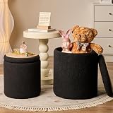 BLEXA Set of 2 Round Storage Ottoman, Black Boucle Ottoman with Storage