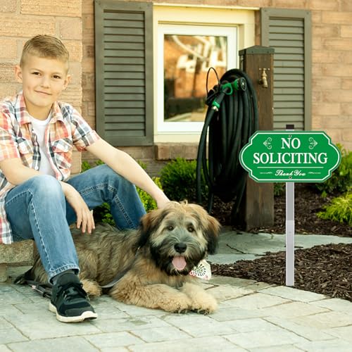 Image of Heavy Duty No Soliciting Sign for House - All Metal Construction No Soliciting Yard Sign - 14 inch x 7 inch - Aluminum - with 28 inch Long Stake (Green)
