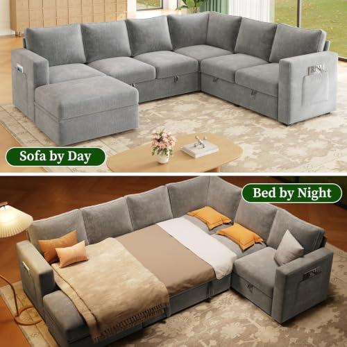 Image of 106.7 inch Chenille Sectional Sleeper Sofa, Pull Out Couch with Storage, Gray | 7 Seat Comfy Couches for Living Room, Apartments, or Guest Spaces; Sectionals Modular Sofa Design, Comfortable Seating.