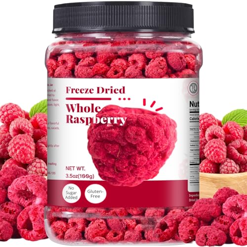 Freeze Dried Whole Raspberries 3.53oz (100g) 100% Natural No Sugar Added | Crunchy Whole Berry Snack for Baking Yogurt & Smoothies | Large Resealable Jar