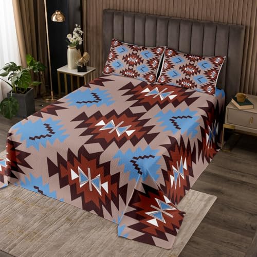 jejeloiu Southwest Native Bedspread Southwestern Geometric Bedspread for Kids Boys Girls Tribal Coverlet Set Brown Blue Quilted with 1 Pillowcase 2Pcs Bedding Twin