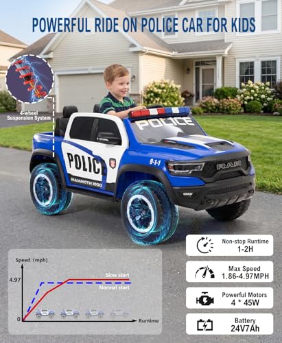 Image of 24V Licensed Dodge RAM Mammoth 1000 Ride On Police Car, 2-Seater Electric Ride On Truck with Remote Control, Power Wheels Toy Siren, Flashing Lights, Music, Bed Storage, Gift for Boys Girls, Blue
