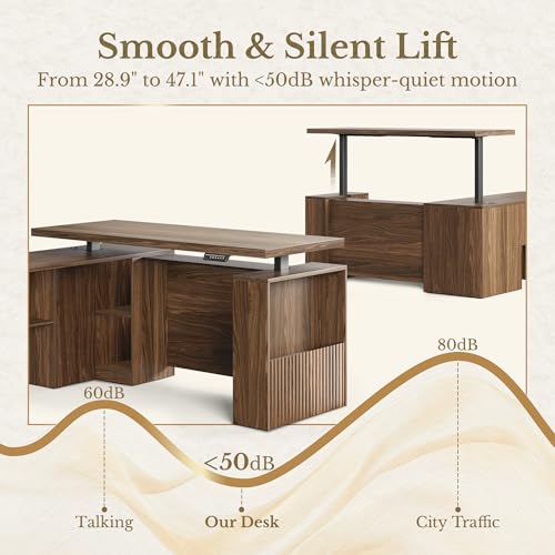 Image of 63 Inches L Shaped Standing Desk, Executive Electric Adjustable Desk with Storage Drawers and File Cabinet, AC /USB, 1.18 inch Thiken Desktop and Privacy Panel for Home Office, Black Walnut