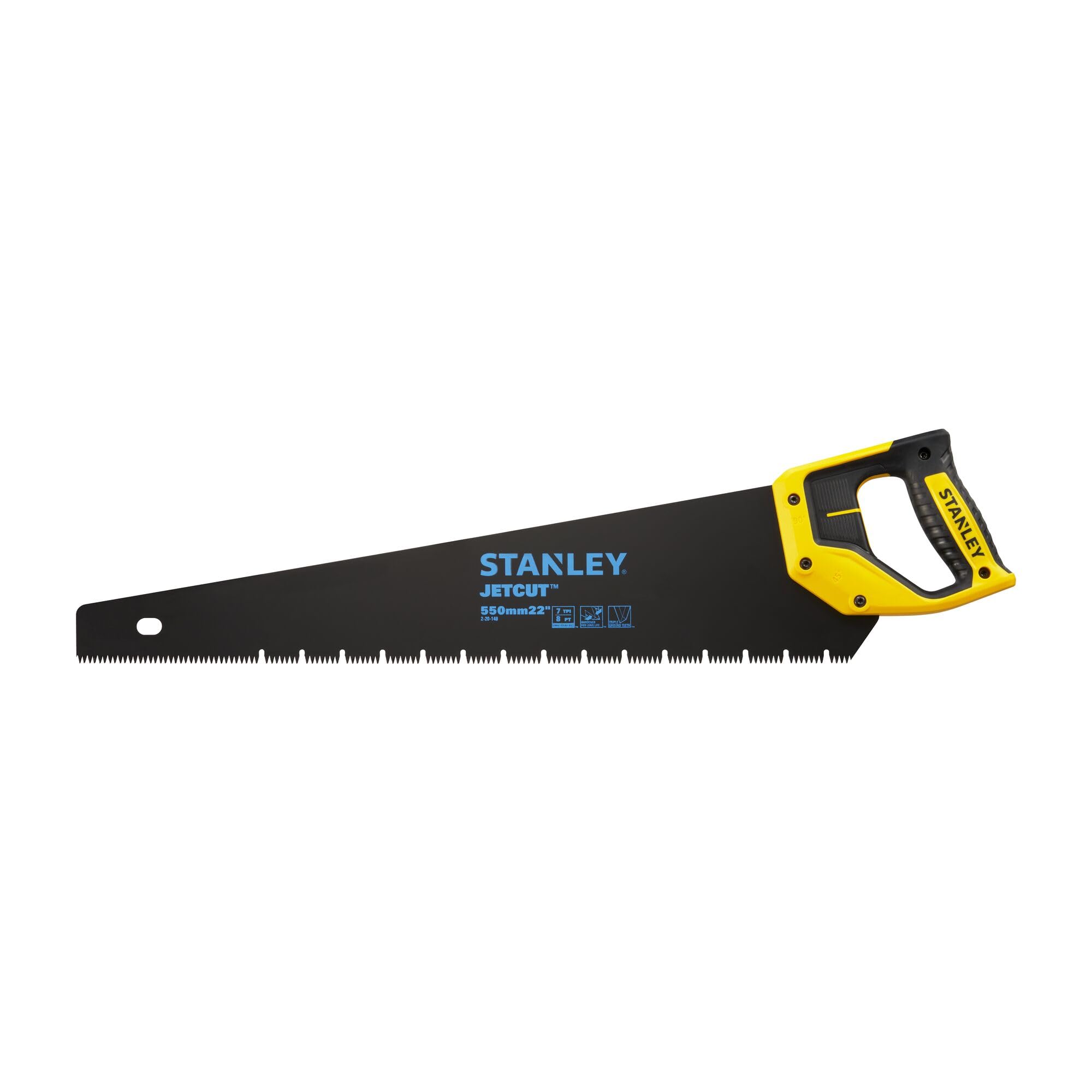 Stanley 2-20-149 Scie Égoïne JetCut 7Dents/Pouce - Fabriquée en France - Traitement Blade Armor - Spéciale Panneaux de Plâtre - 550 mm - Poignée bi Matière - Traçage À 45° Et 90° Noir/Jaune