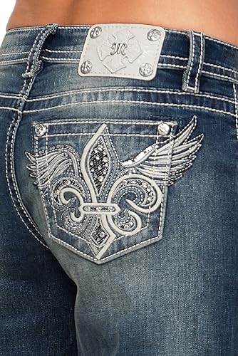 Miss Me Women's Mid-Rise Winged Fleur de Lis Embellished Pockets Wide Leg Jeans4