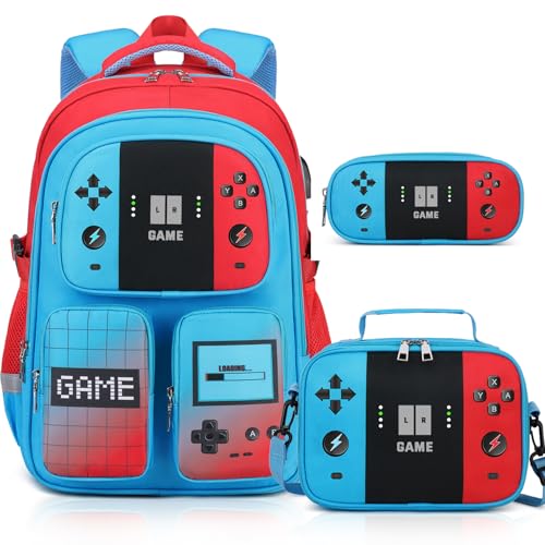 Gamer Backpack for Boys  3PCS Boys Backpack with Lunch Box & Pencil Pouch Waterproof School Bags for Boy Kids Children Teens Elementary Middle School Kids Book Bag Casual Daypack (Red Blue)