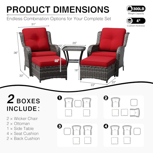 Image of Joyside 5 Piece Wicker Patio Furniture Set, Rattan Patio Chairs with High Back, Deep Seating, Wide Armrest, Thickened Cushions, Outdoor Furniture for Deck, Porch Use