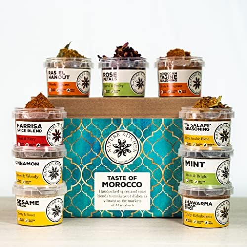 Nature Kitchen Moroccan Gourmet Spice Seasoning Selection Mix Gift Set. 9X Gluten-Free Herbs and Spices for Cooking Recipes, Curry, Roasting, Marinades. Including Harissa, Sharwarma, Tagine, Mint