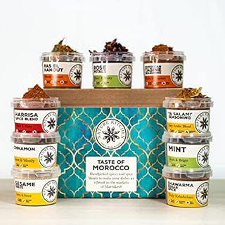 Nature Kitchen Moroccan Gourmet Spice Seasoning Selection Mix Gift Set. 9X Gluten-Free Herbs and Spices for Cooking Recipes, Curry, Roasting, Marinades. Including Harissa, Sharwarma, Tagine, Mint