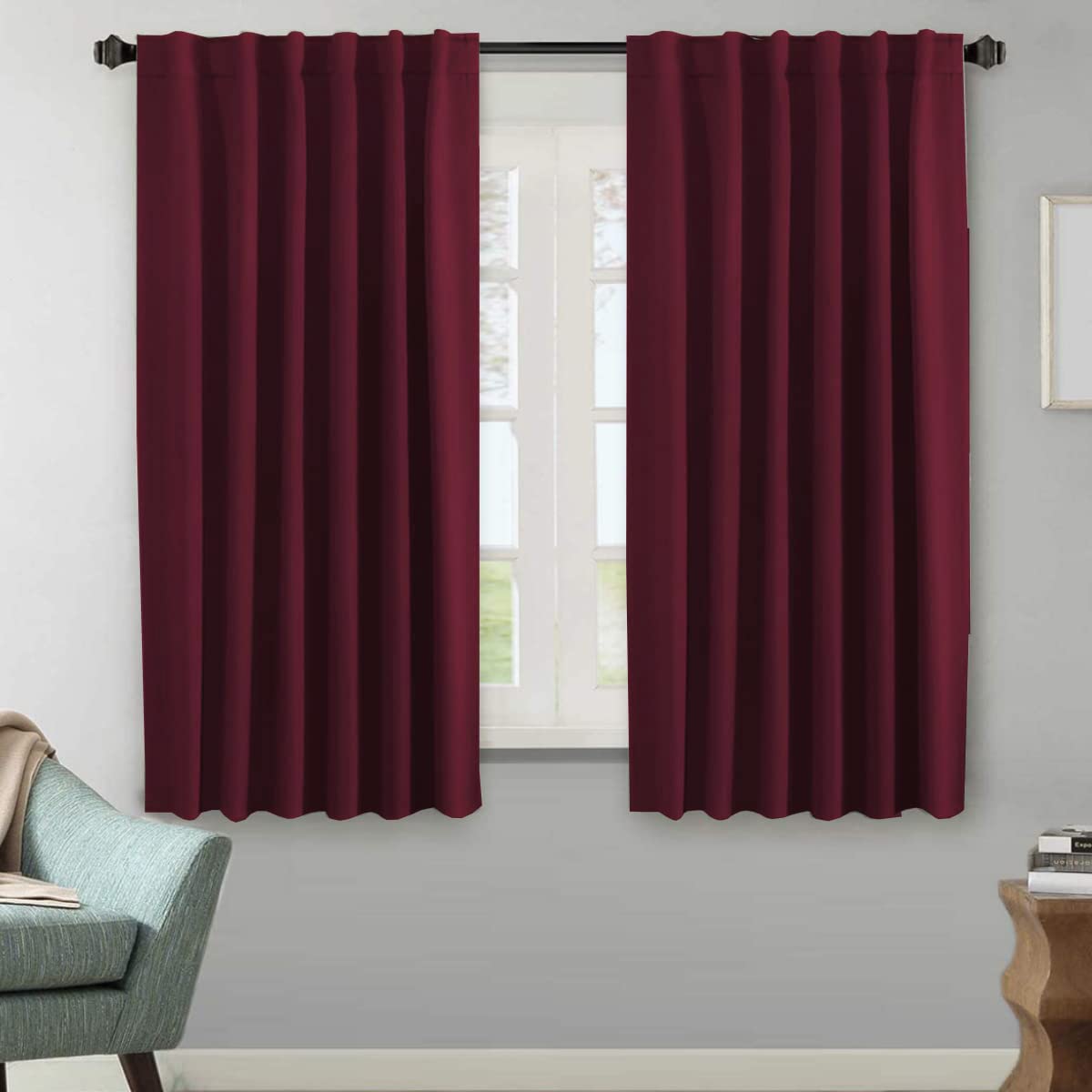 H.VERSAILTEX Blackout Curtains Thermal Insulated Window Treatment Panels Room Darkening Blackout Drapes for Living Room Back Tab/Rod Pocket Bedroom Draperies, 52 x 63 Inch, Burgundy Red, 2 Panels