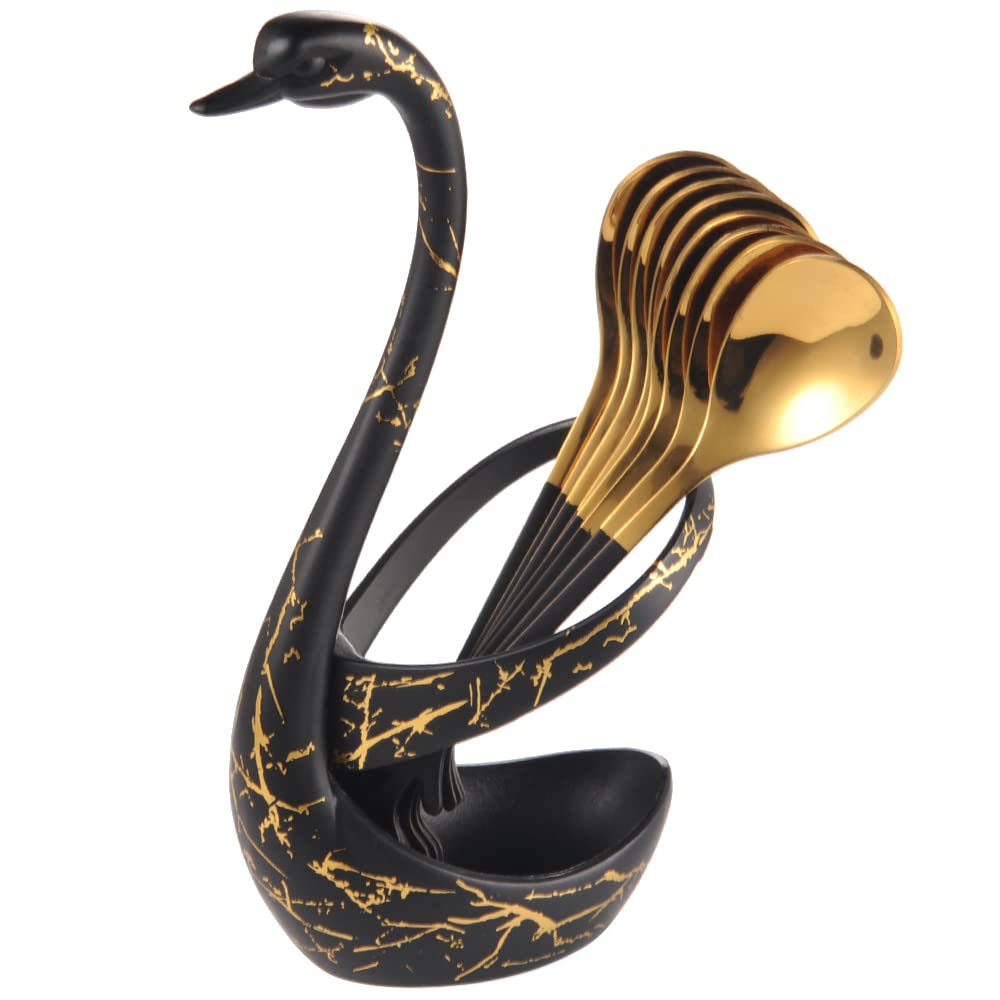 AnSaw Juego de soporte para cucharas de postre pequeñas, base de cisne negro con 8 cucharas de espresso Demitasse negro y dorado, cuchara de café de 4.7 pulgadas, cucharas de té de acero inoxidable