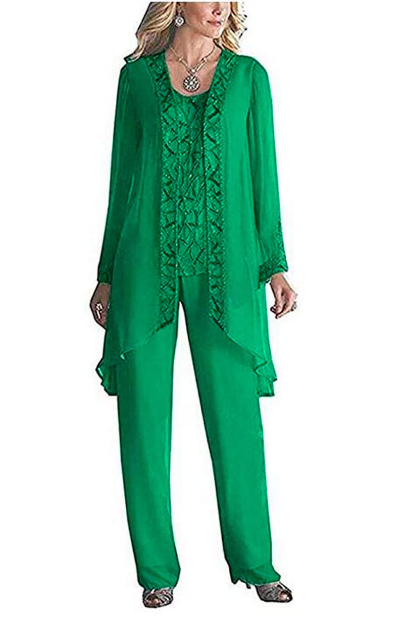 Women's 3 Pieces Chiffon Dress Mother of The Bride Pants Suits with Beaded Jacket Wedding Outfit Evening Gown Green UK14