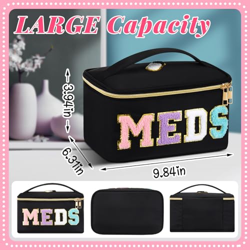 Geetery Clear Makeup Bag Chenille Letter Meds Bag Travel Cases Preppy Patch with Zipper, Portable Cosmetic Toiletry Storage case for Women(Meds,Black)3