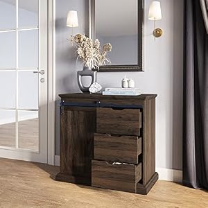 BELLEZE Sideboard Buffet Cabinet with Storage Console Table Coffee Bar Storage Cabinet with 1 Sliding Barn Door and 3 Drawers for Living Room Kitchen Dinning Room, Dark Walnut-31.5" L x15.7 Wx31.8 H BELLEZE Sideboard Buffet Cabinet with Storage Console Table Coffee Bar Storage Cabinet with 1 Sliding Barn Door and 3 Drawers for Living Room Kitchen Dinning Room Dark Walnut 315 L x157 Wx318 H