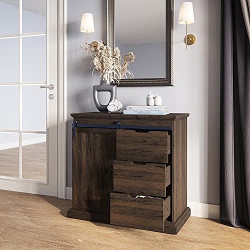 BELLEZE-Sideboard-Buffet-Cabinet-with-Storage-Console-Table-Coffee-Bar-Storage-Cabinet-with-1-Sliding-Barn-Door-and-3-Drawers-for-Living-Room-Kitchen-Dinning-Room-Dark-Walnut-315-L-x157-Wx318-H BELLEZE Sideboard Buffet Cabinet with Storage Console Table Coffee Bar Storage Cabinet with 1 Sliding Barn Door and 3 Drawers for Living Room Kitchen Dinning Room Dark Walnut 315 L x157 Wx318 H