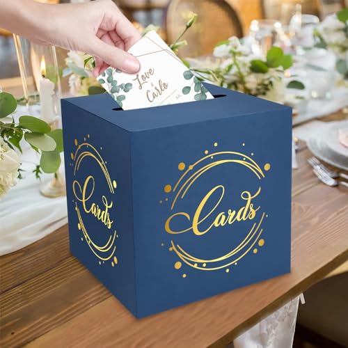Image of 1 Pack Navy Blue and Gold Foil Card Box for Party, 8.7 inch Navy Blue Gift Card Box Money Box for Birthday, Wedding, Baby Shower, Retirement, Anniversary, Bridal Shower, Raffle Ticket