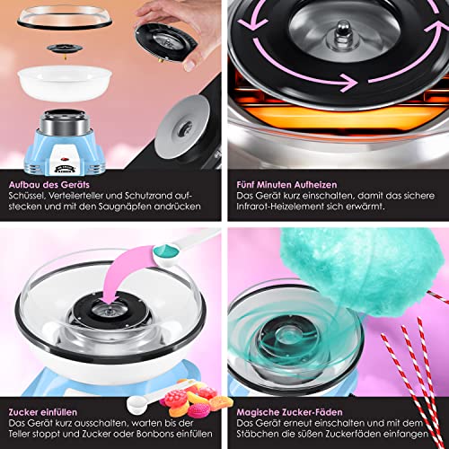KESSER® Zuckerwattemaschine Set für Dein zuhause - Mit 30x Zuckerwatte Stäbchen & Messlöffel - Retro Cotton Candy Maschine - Zuckerwatte Maschine Mit Zubehör - Höhe 22 cm - 500 W Blau Weiß – Bild 4