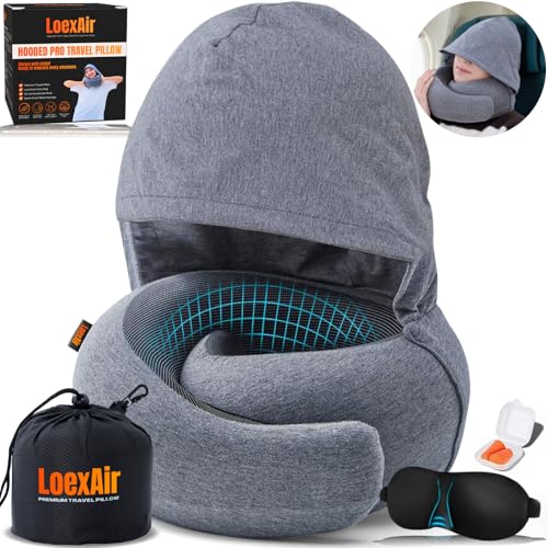 Image of LOEXAIR Hooded Pro Travel Pillow - Memory Foam Neck Support Pillow for Airplane, Flight - Super-Soft Pure Cotton Fabric, Maximum Privacy & Light-Block Design, Lightweight Full Travel Kit - Light Grey