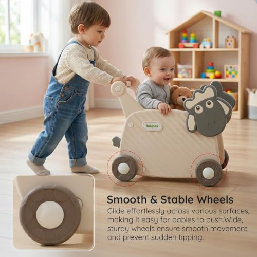 Image of Baybee 2 in 1 Push Walker with Shopping Cart for Kids | Smooth Rolling Wheels, Rounded Edges, WideToy Storage Organizer | Walking Support for Baby Boys & Girls 0-3 Years (White & Grey)