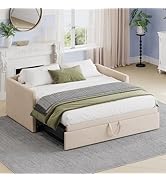 Velvet Upholstered Twin Daybed with Pop Up Trundle, Twin to King Sofa Bed Frame, Space-Saving Gue...