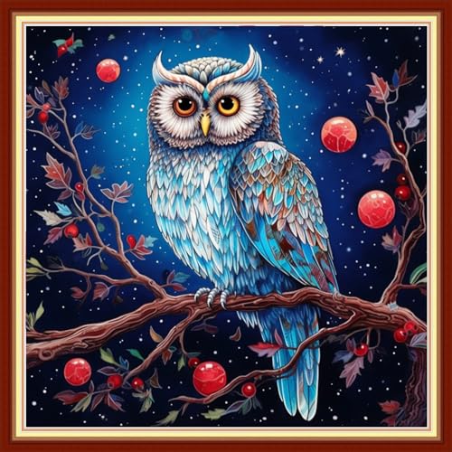 Image of Disxvivy Cross Stitch Stamped Full Embroidery Kits DIY 11CT Cotton Thread Printed DIY Needlepoint Kits Craft Needlework Set Cross-Stitch Stamped Sets-Owl on Tree 18x18 inch