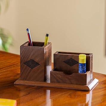ExclusiveLane Sheesham Wooden Table Organizer Desk Organizer for Study Table Office | 'Rhombus Rumbles' Hand Carved Pen Stand for Office Table Accessories Stationery Organiser - image, photos