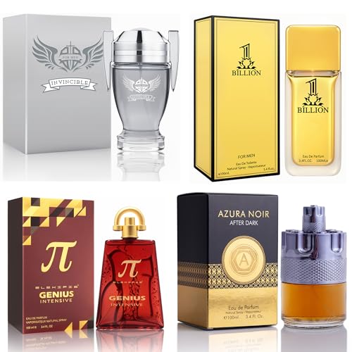 Mens Cologne Set, EDP, 4 Pack (3.4 oz / 100 mL), AzuraAD, 1 BILLION FOR MEN, Genius Intensive, Invincible, Date Night Signature, for workdays to weekends