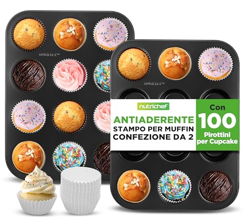 Nutrichef Teglie Forno, Confezione da 2, Teglie da Forno per Muffin 12 Stampi, Stampo Muffin Cupcake, Brownies, Budini, Dolci, Antiaderente Acciaio 33x25x2 cm Nero