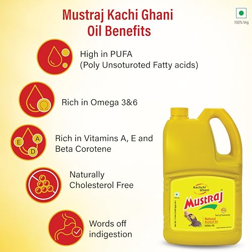 Image of Mustraj Kachi Ghani Mustard Oil 5L Jar | Pure Sarson Ka Tel | Cold Pressed Natural Oil | High Pungency & Rich Aroma | Ideal for Cooking, Frying, Tempering & Pickling | 100% Edible Oil