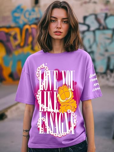 Image of Bewakoof X Garfield Garfield Women's 100% Cotton Graphic Print Oversized Fit Half Sleeve V-Neck T-Shirt | Casual wear | Streetwear | Oversized Tshirt for Woman Cotton| Baggy