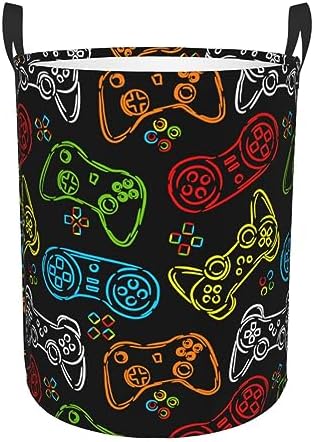 Game Joysticks Colorful Silhouettes Round Laundry Hamper Gaming Theme Storage Basket Toys Clothes Organizer Bin For Home Bathroom Bedroom Dorm Nursery, 38l