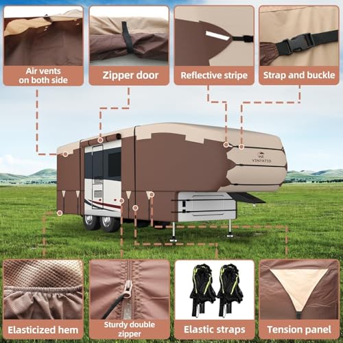 Image of 5th Wheel Cover: Fits 28'-31' RV, 300D Oxford Fabric Two Color Design, Heavy Duty 5th Wheel RV Cover Anti-UV Waterproof Windproof, with Gutter Cover & 2 Pcs Extra Straps