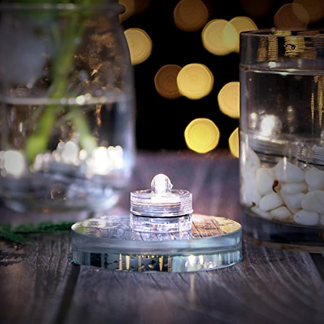 IMAGE Submersible Pond Lights 12 Pack LED Underwater Tea Lights Battery Operated Candles for Vase Water Tank Wedding Party Home Decor Floral Cool White